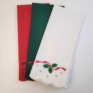 Vintage WC Imports Holiday Hand Towels Set of 3 Holly Ribbon Scalloped Edge 1986
